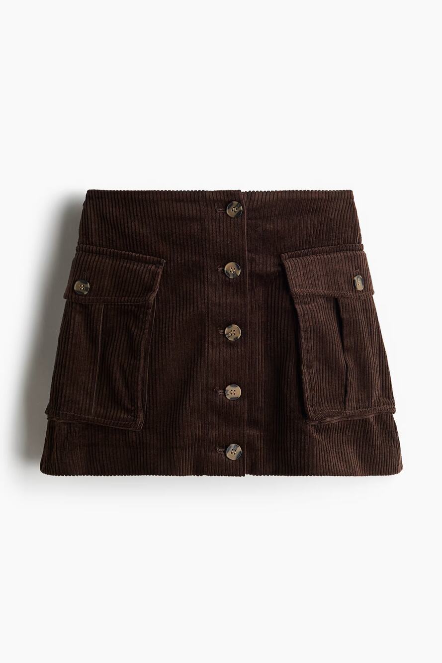 NEW H&M Corduroy Mini Skirt Women's Dark Brown Button Cargo Pocket Size 8